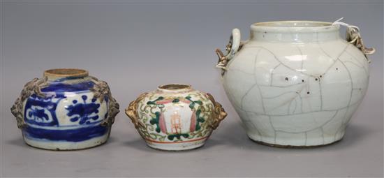 Three Chinese porcelain jars, Qing Dynasty - one crackleglaze, a blue and white and a famille rose example tallest 14cm